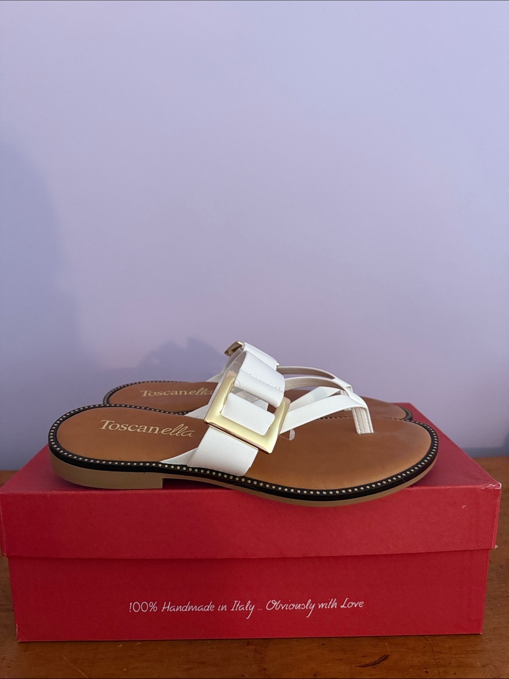 Italian White Leather Buckle Thong Sandals